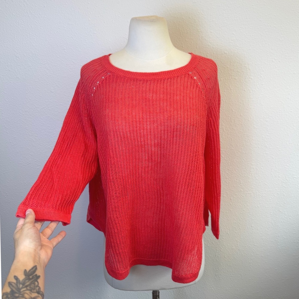 Eileen Fisher 100% Linen Coral Pink Open Knit Sweater Womens Medium Resort